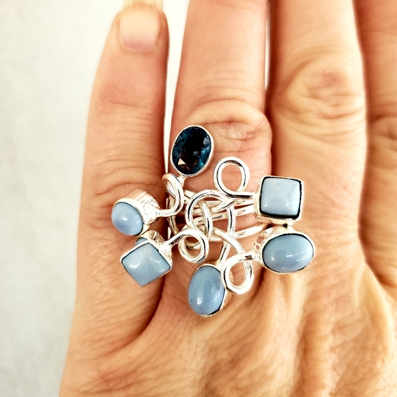New Twisted Owyhee Opal & Blue Topaz Silver Ring. - Picture 5 of 8